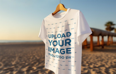 AI-Generated Mockup of a Crewneck T-Shirt Placed on a Hanger at the Beach