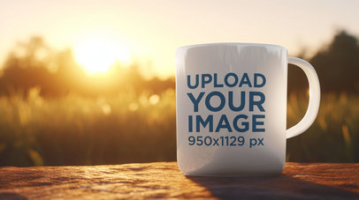 AI-Created Mockup of a Coffee Mug with a Sunrise in the Background