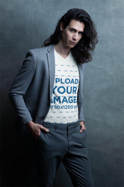 V-Neck Tee Mockup Featuring a Stylish Man with Long Hair
