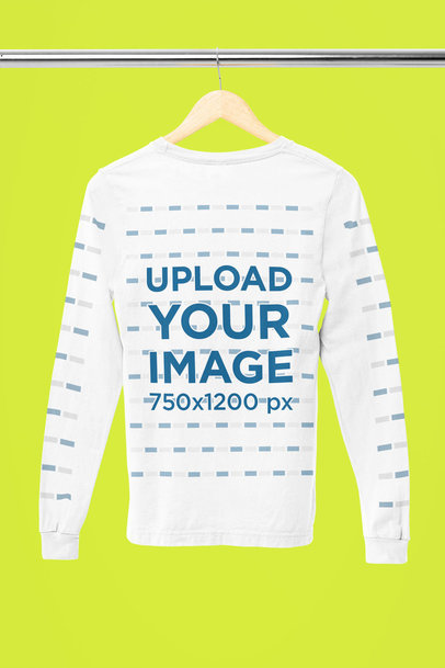 Back-View Bella Canvas Long-Sleeve Tee Mockup Featuring a Wooden Hanger