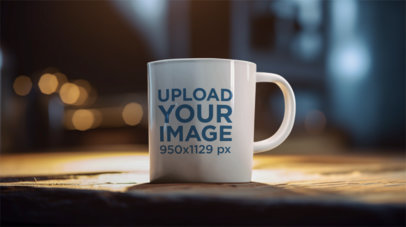 AI-Created Mockup Featuring a Coffee Mug Placed on a Wooden Surface at Night