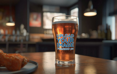 AI-Created Mockup of a Beer Glass Placed Next to a Food Plate in a Restaurant