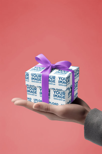 Wrapping Paper Mockup Featuring an AI-Generated Woman Holding a Small Gift