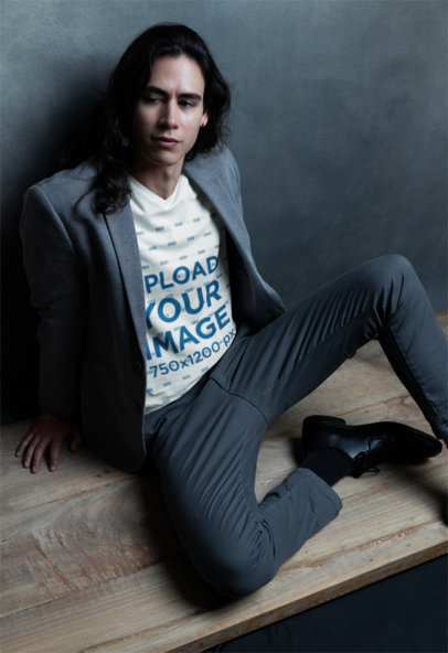 Bella Canvas V-Neck T-Shirt Mockup of a Man Posing With a Serious Look for an Editorial Shoot