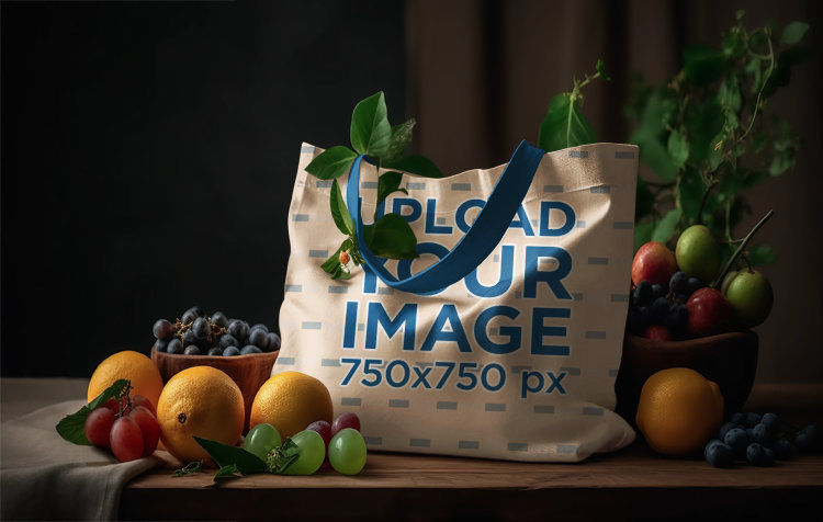 AI-Generated Mockup of a Grocery Bag Placed in a Setting Decorated with Fruit