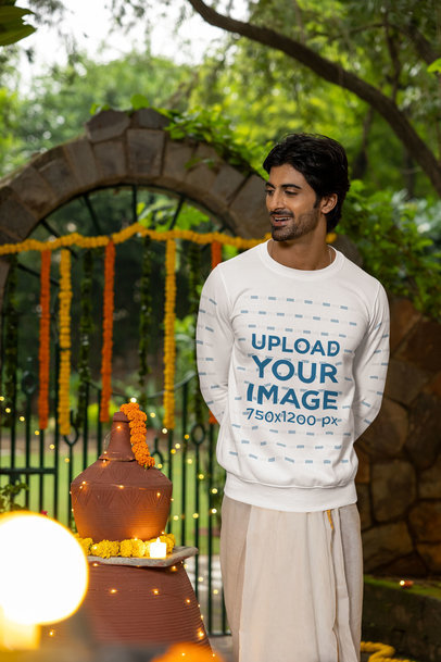 Crewneck Sweatshirt Mockup Featuring a Smiling Man Celebrating Diwali m35985