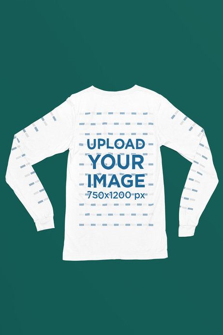 Mockup of a Back-View Bella Canvas Long-Sleeve Tee Lying on a Customizable Background