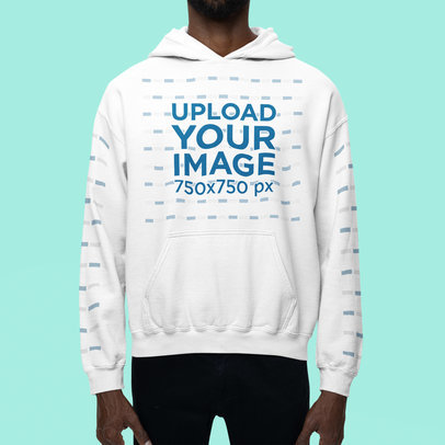 Mockup of a Cropped-Face Man Wearing a Gildan Pullover Hoodie in a Studio