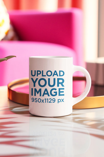 AI-Generated Mockup Featuring a Coffee Mug Placed in a Barbie-Inspired Room m35811