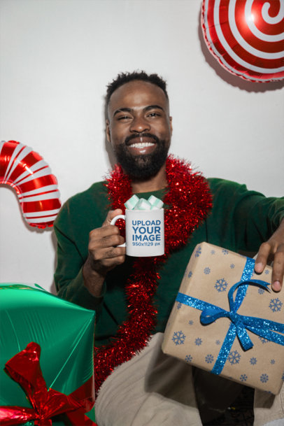 Coffee Mug Mockup Featuring a Joyful Man Celebrating Christmas