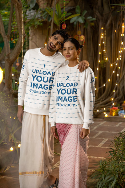 Sweatshirt Mockup Featuring a Smiling Man With a Woman Celebrating Diwali