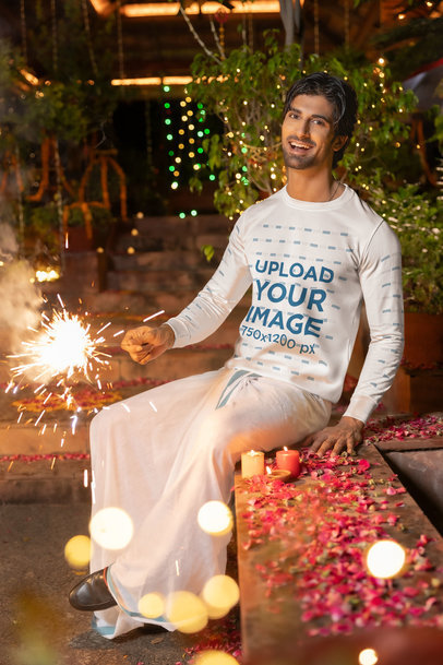 Sweatshirt Mockup of a Smiling Man Celebrating Diwali with a Sparkler m35989