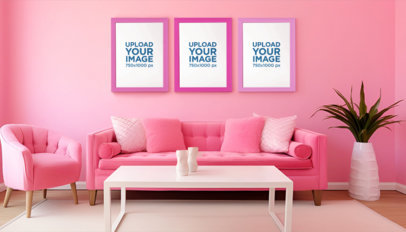 Barbie-Inspired Mockup Featuring Three Art Prints in a Pink AI-Generated Living Room