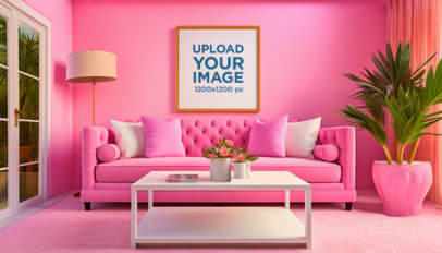 AI-Generated Mockup of an Art Print Placed in a Barbie-Inspired Living Room
