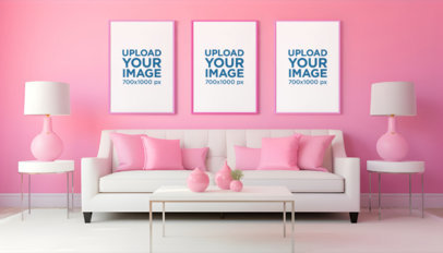 AI-Generated Mockup of Three Art Prints Placed in a Barbie-Themed-Decorated Living Room