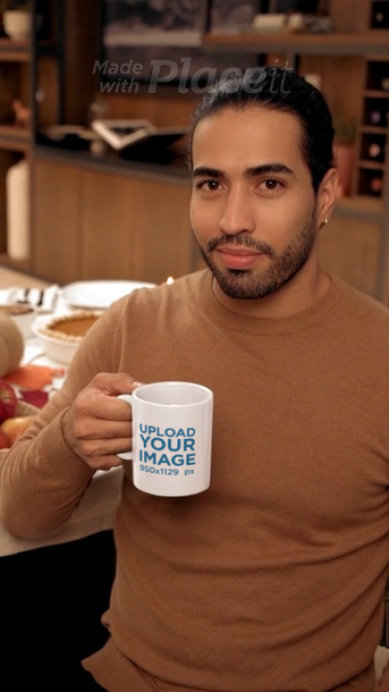 Video of a Bearded Man Holding an 11 Oz Coffee Mug in a Thanksgiving Dinner