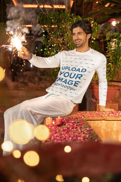 Sweatshirt Mockup of a Happy Man Playing With Sparklers for Diwali m35988