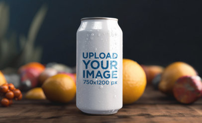 AI-Generated Mockup Featuring a Wet Can Placed on a Wooden Table m33562
