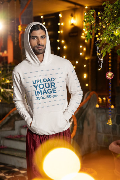 Gildan Pullover Hoodie Mockup Featuring a Bearded Man in a Diwali Celebration