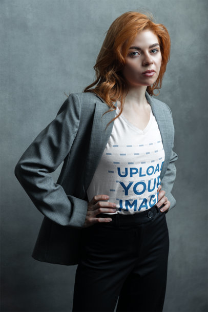 V-Neck Tee Mockup Featuring a Female Model Posing in the Studio m33228