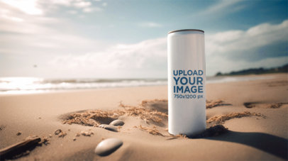 AI-Generated Mockup of an Aluminum Can Placed on the Beach