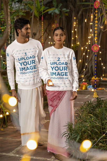 Sweatshirt Mockup Featuring a Happy Man and a Woman Holding Candles for Diwali m35976