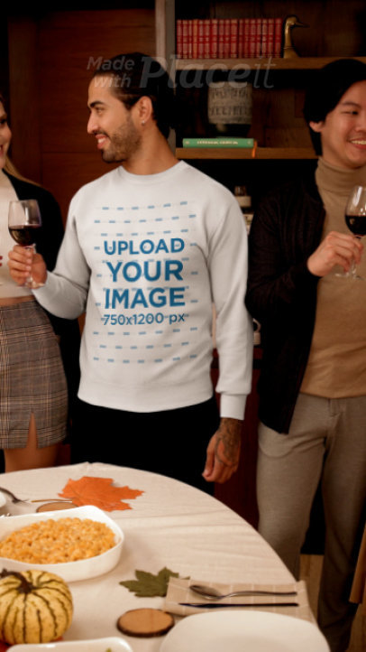 Gildan Sweatshirt Video Featuring a Bearded Man Celebrating Friendsgiving With Friends