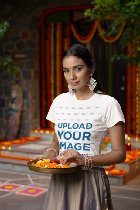 Mockup of a Woman Wearing a BLVND T-Shirt in a Diwali-Decorated Setting