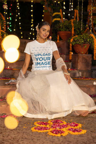 Gildan T-Shirt Mockup of a Woman Posing in a Front of a Floral-Decorated Setting for Diwali