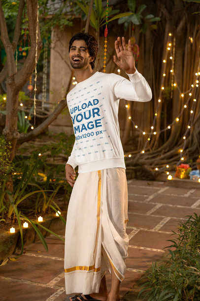 Sweatshirt Mockup of a Cheerful Man Waving in a Diwali Celebration m35979