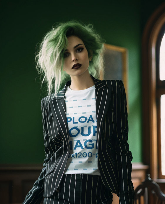 T-Shirt Mockup of an AI-Created Woman with Green Hair Wearing a Beetlejuice-Inspired Costume