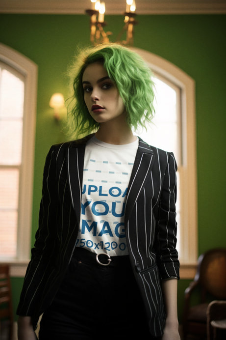 Beetlejuice-Inspired Mockup Featuring an AI-Generated Woman With a T-Shirt