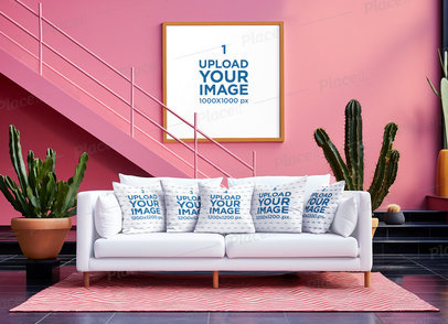 AI-Generated Pillow Mockup of a Barbie-Inspired Room with a Squared Art Print