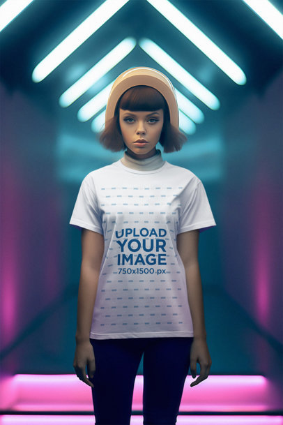 T-Shirt Mockup Featuring an AI-Generated Woman Posing in a Retro Futuristic Setting