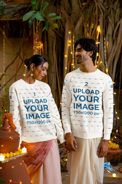 Sweatshirt Mockup Featuring a Man and Woman in a Diwali-Themed Setting m35983