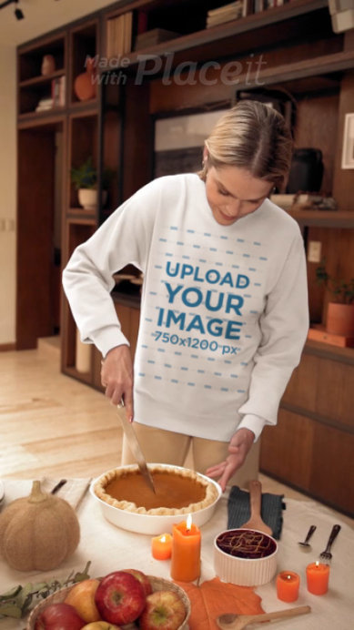 Gildan Sweatshirt Video Featuring a Woman Slicing a Pumpkin Pie for Thanksgiving
