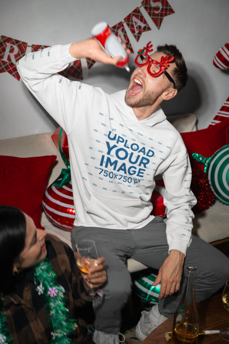 Gildan Hoodie Mockup Featuring a Man Celebrating Christmas with His Friends
