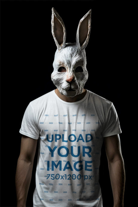 T-Shirt Mockup Featuring an AI-Created Man Wearing a Spooky Donnie Darko-Inspired Mask