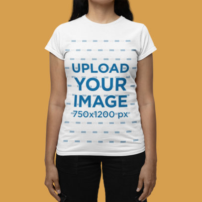 Gildan Round-Neck Tee Mockup Featuring a Cropped-Face Woman in a Studio