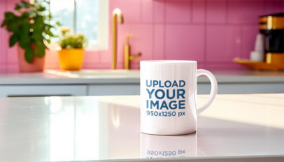 Barbie-Inspired Mockup Featuring an AI-Generated Sublimated Coffee Mug Placed on a Kitchen Table m35797