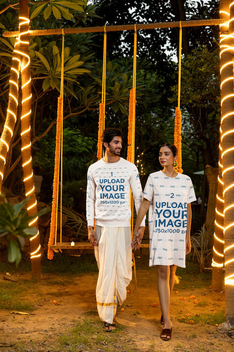 Sweatshirt and T-Shirt Dress Mockup of a Happy Couple Holding Hands in a Diwali Celebration