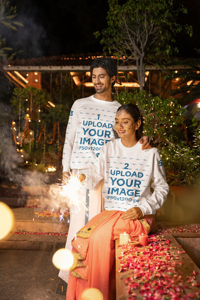 Sweatshirt Mockup of a Cheerful Woman and a Man Playing With Sparklers for Diwali m35991