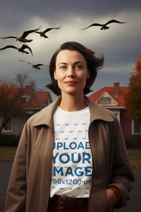 Horror Mockup of a Woman With a T-Shirt Featuring a Theme Inspired by the Movie Birds