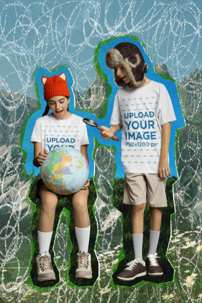 T-Shirt Mockup of Two Kids Looking at a Globe Featuring a Collage Style
