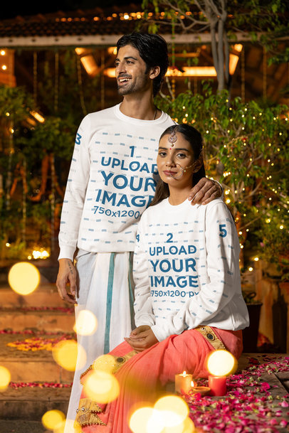 Sweatshirt Mockup of a Happy Couple Celebrating Diwali