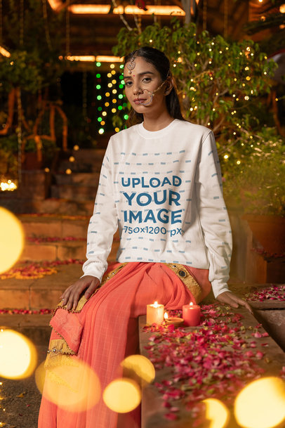 Sweatshirt Mockup of a Woman Celebrating Diwali with Colorful Candles
