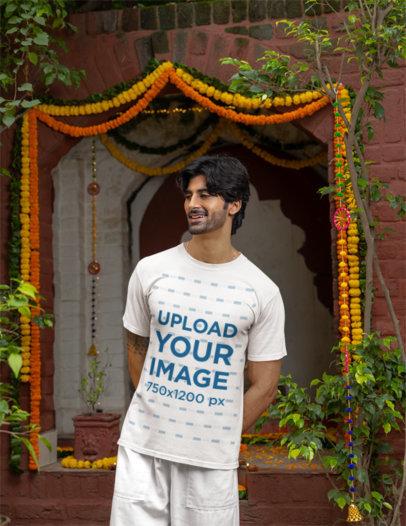 Gildan T-Shirt Mockup Featuring a Happy Bearded Man in a Diwali Celebration
