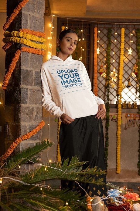 Gildan Pullover Hoodie Mockup Featuring a Serious Woman Celebrating Diwali
