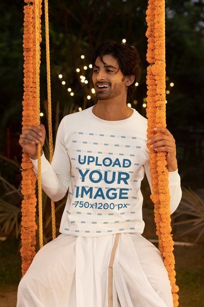Diwali-Themed Sweatshirt Mockup of a Man Sitting in a Floral-Decorated Swing m35986