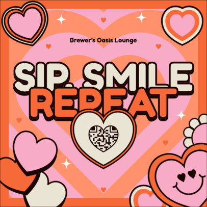 Coaster Design Template Featuring Retro Heart Illustrations with a QR Code 5986d